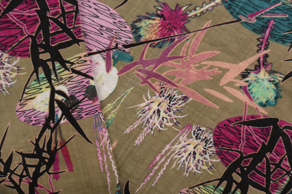 Brown-Pink-Multi Cotton Abstract Printed Crinkled Voile Woven Fabric - Image 2
