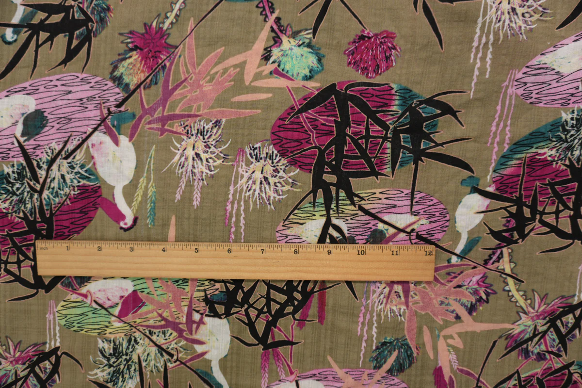 Brown-Pink-Multi Cotton Abstract Printed Crinkled Voile Woven Fabric - Image 4