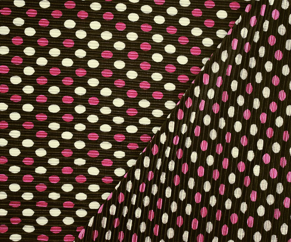 Brown-Pink-White Dot Printed Stretch Poly Pressed Pleated Satin Knit Fabric - Image 2