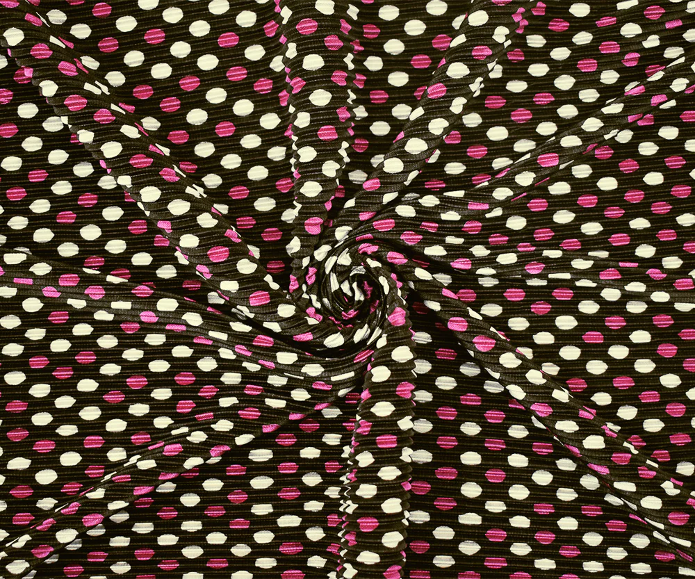 Brown-Pink-White Dot Printed Stretch Poly Pressed Pleated Satin Knit Fabric - Image 3