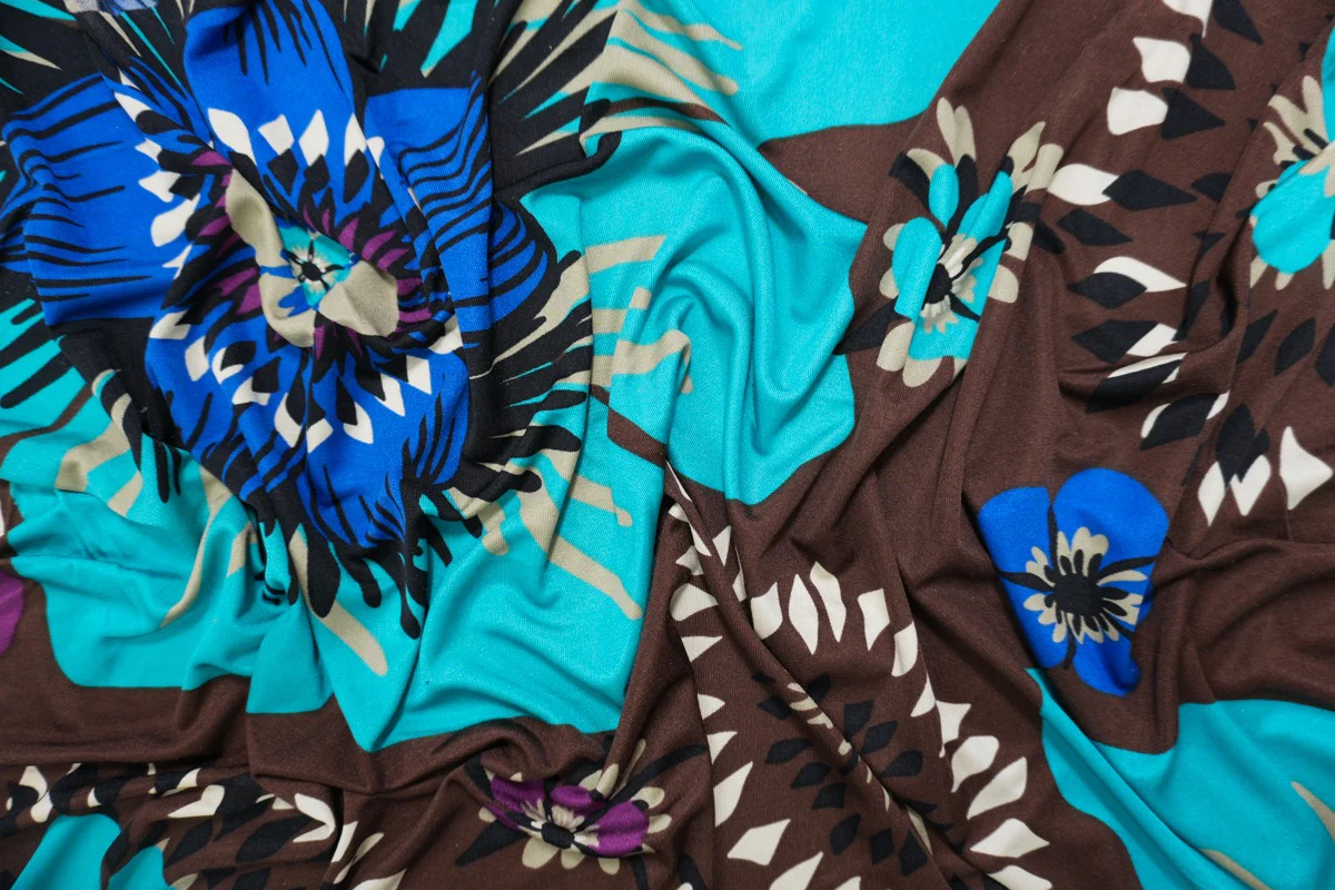Brown Silk Floral Printed Interlock Knit Fabric - Image 4