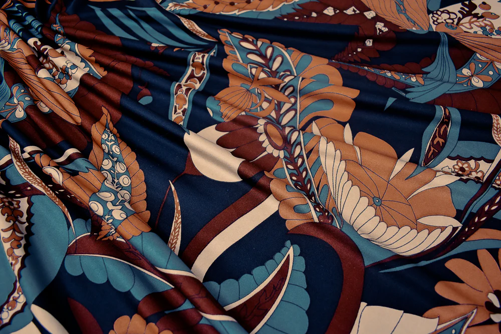 Brown-Teal-Multi Leaves Pattern Printed Stretch Silk Jersey Knit Fabric - Image 3