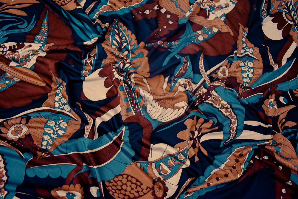 Brown-Teal-Multi Leaves Pattern Printed Stretch Silk Jersey Knit Fabric - Image 5