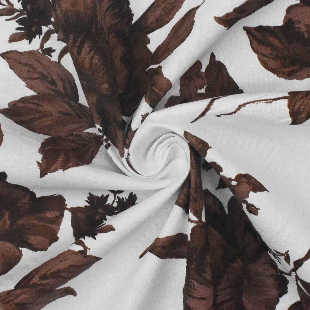 Brown-White-Multi Floral Border Printed Stretch Cotton Poplin Woven Fabric - Image 2