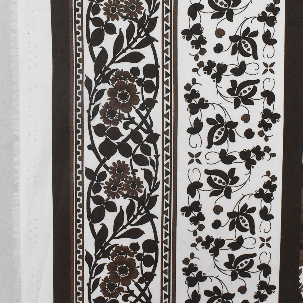 Brown-White-Multi Floral Border Printed Stretch Cotton Poplin Woven Fabric - Image 3