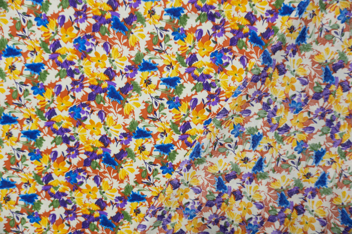 Brown-Yellow-Multi Rayon Floral Printed Voile Woven Fabric - Image 2