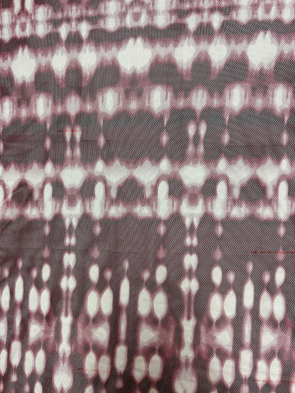 Burgundy and White Batik Look Print Stretch Mesh Fabric - Image 2