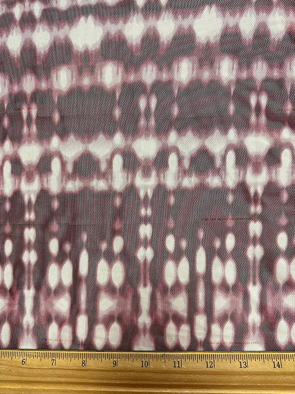 Burgundy and White Batik Look Print Stretch Mesh Fabric - Image 3