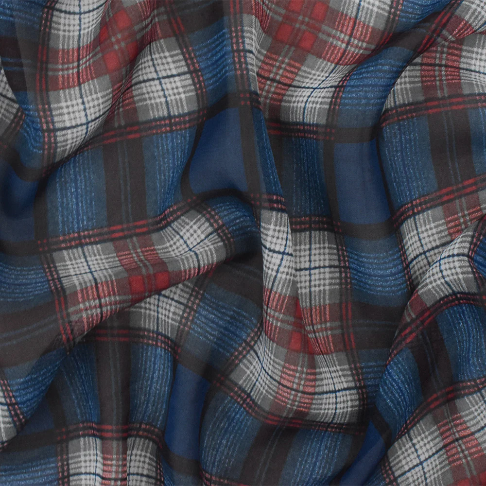 Classic Blue-Red-Multi Plaid Printed Poly Chiffon Woven Fabric - Image 2