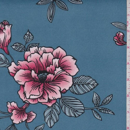 Colonial Blue Sketch Floral Double Brushed Jersey Knit Fabric