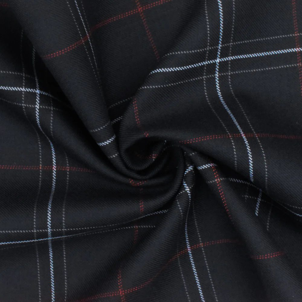 Cool Black-Soft Blue-Multi Plaid Wool-Poly Twill Woven Suiting Fabric - Image 2