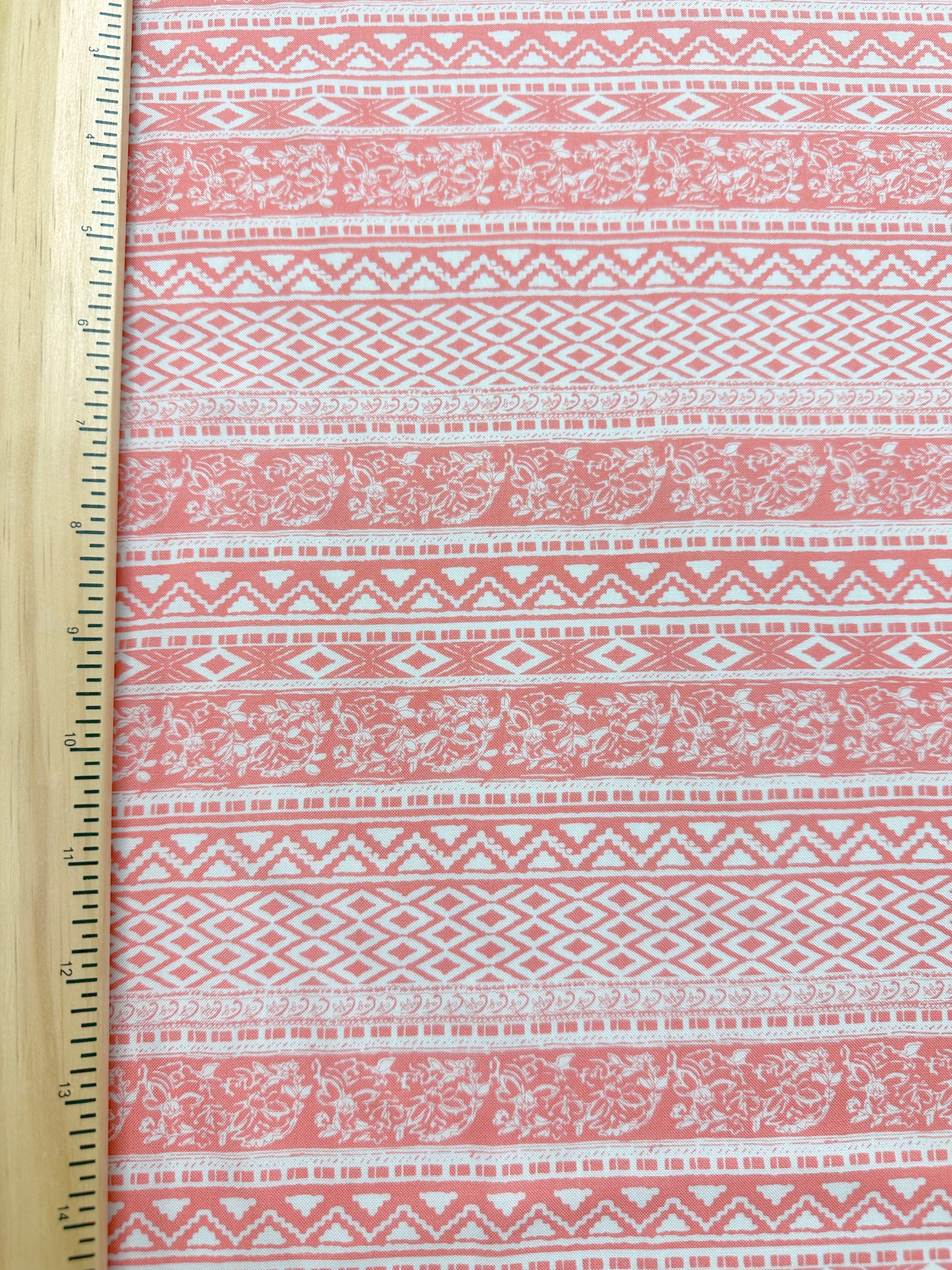 Coral and White Multi Stripe Print Rayon Challis Fabric - Image 4