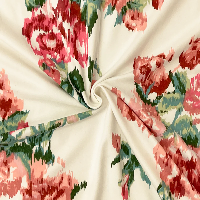 Coral-Multi Poly Stretch Floral Ikat Print DB Jersey Knit Fabric