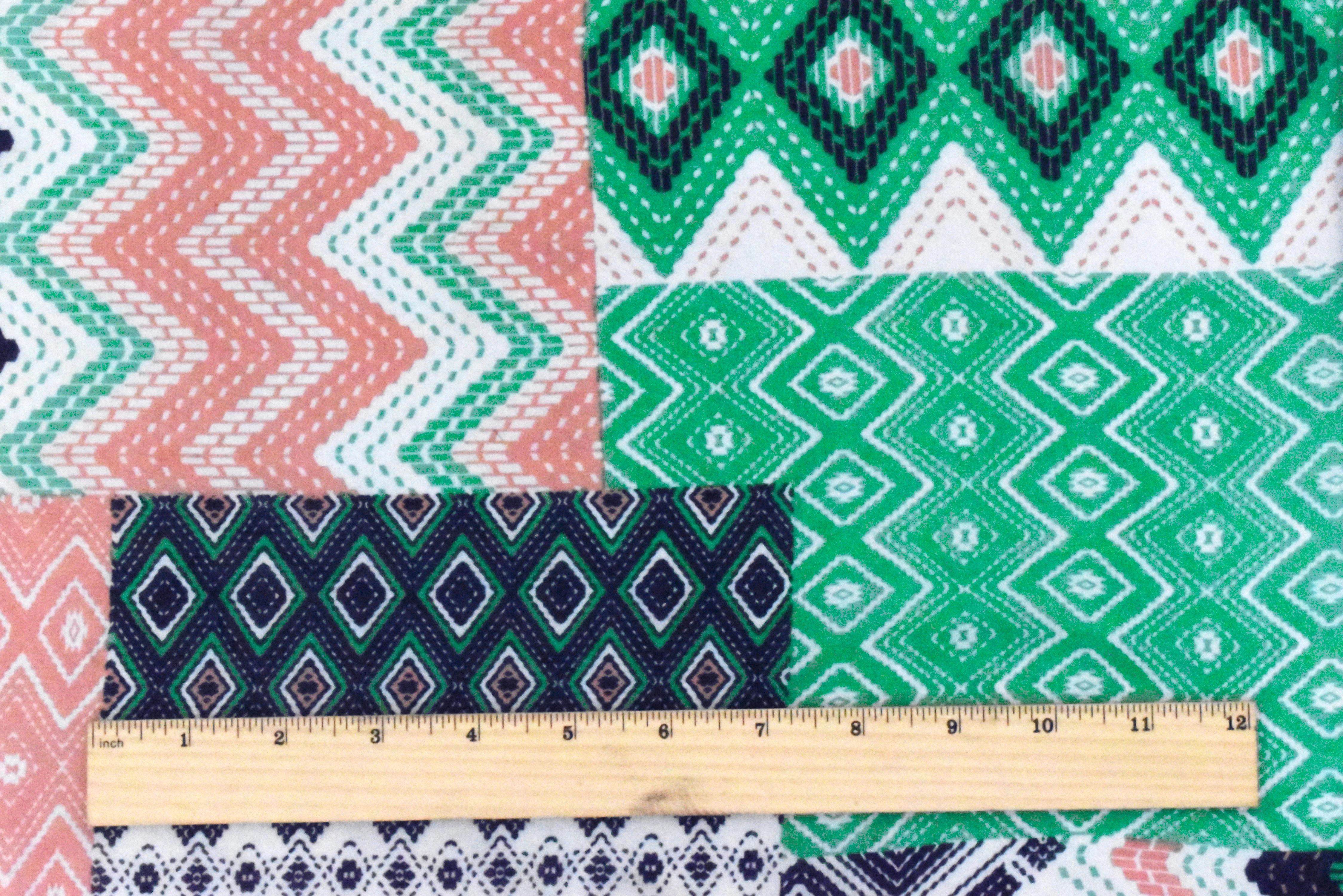 Coral Orange-Green-Multi Chevron Patch Printed Chiffon Woven Fabric - Image 4