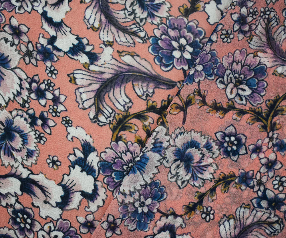 Coral Orange-Pink-Multi Floral Printed Pebble Chiffon Woven Fabric - Image 2