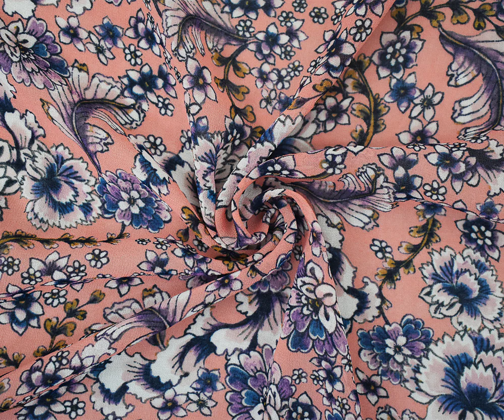 Coral Orange-Pink-Multi Floral Printed Pebble Chiffon Woven Fabric - Image 3