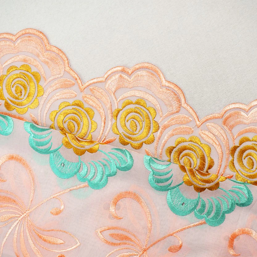 Coral Orange-Teal-Multi Poly-Cotton Floral Embroidered Scallop Eyelet Woven Fabric - Image 2