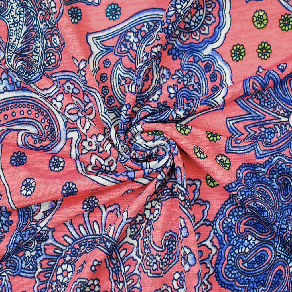 Coral Pink-Blue-Multi Nylon Stretch Spandex Baroque Printed ITY Knit Fabric