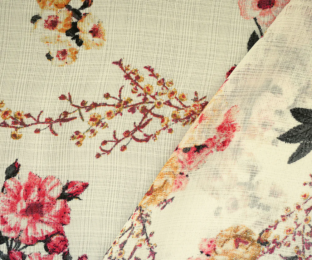Coral Pink-Light Ivory-Multi Nylon Floral Printed Sheer Woven Fabric - Image 2