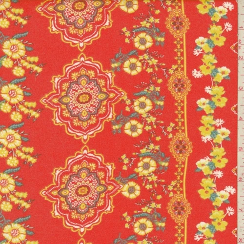Coral Red/Gold Medallion Stripe Rayon Challis Fabric