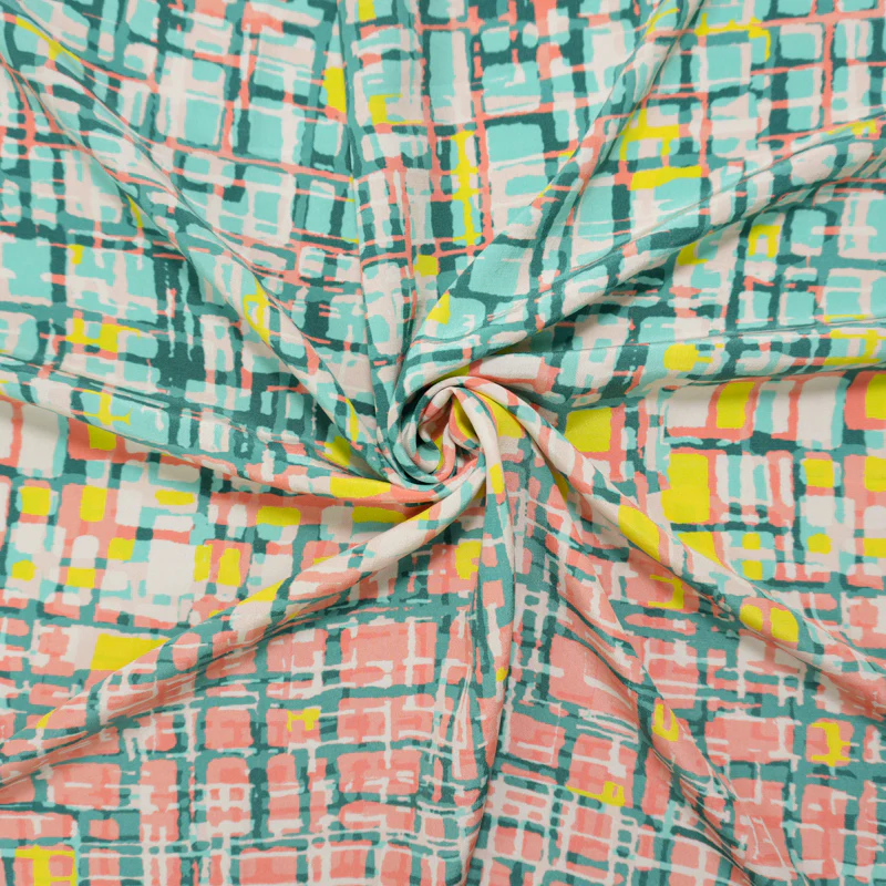 Coral Silk Abstract Geometric Printed Crepe De Chine Woven Fabric