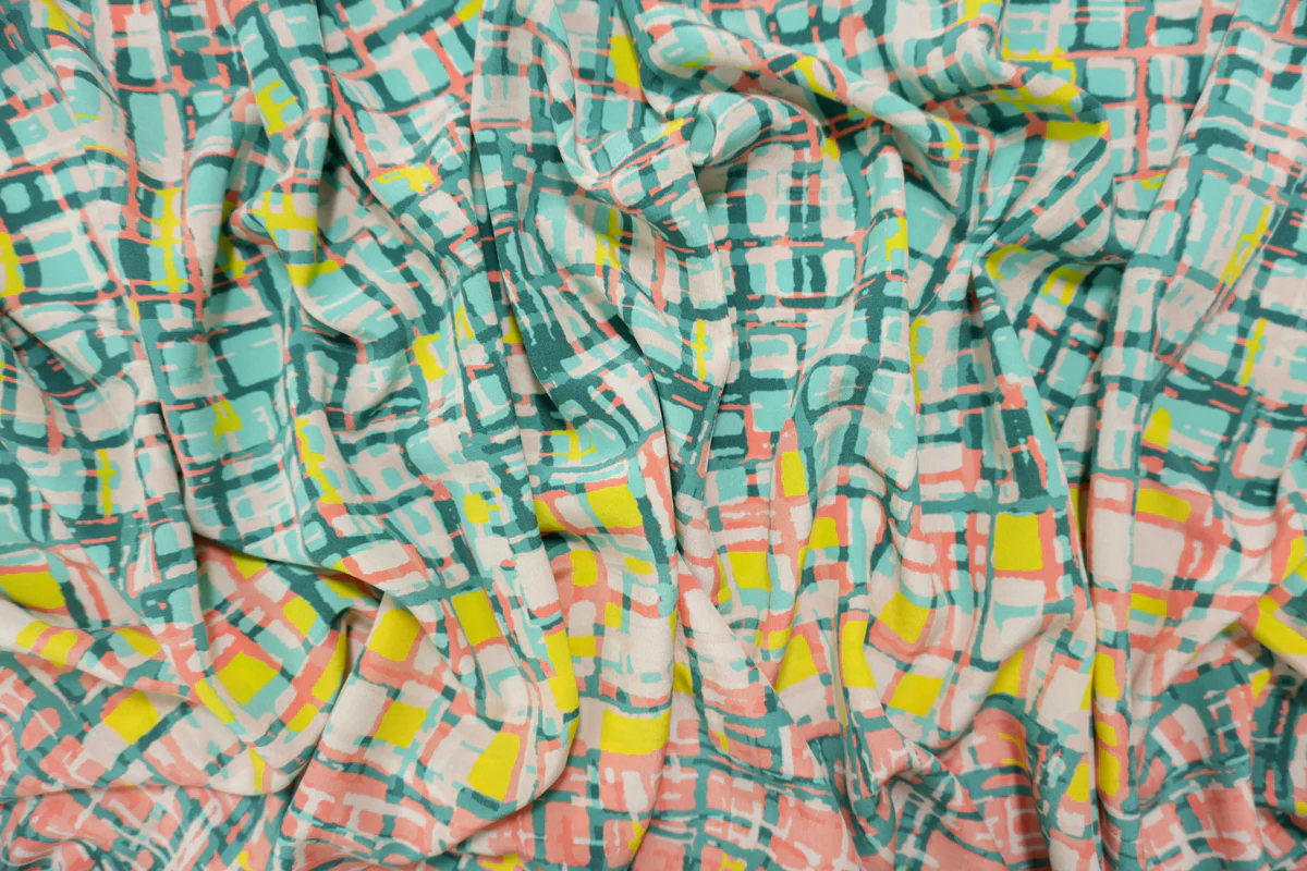 Coral Silk Abstract Geometric Printed Crepe De Chine Woven Fabric - Image 3