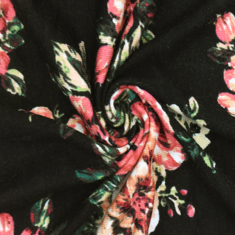 Cream Red-Green-Multi Floral Printed Rayon Stretch Jersey Knit Fabric - Image 2