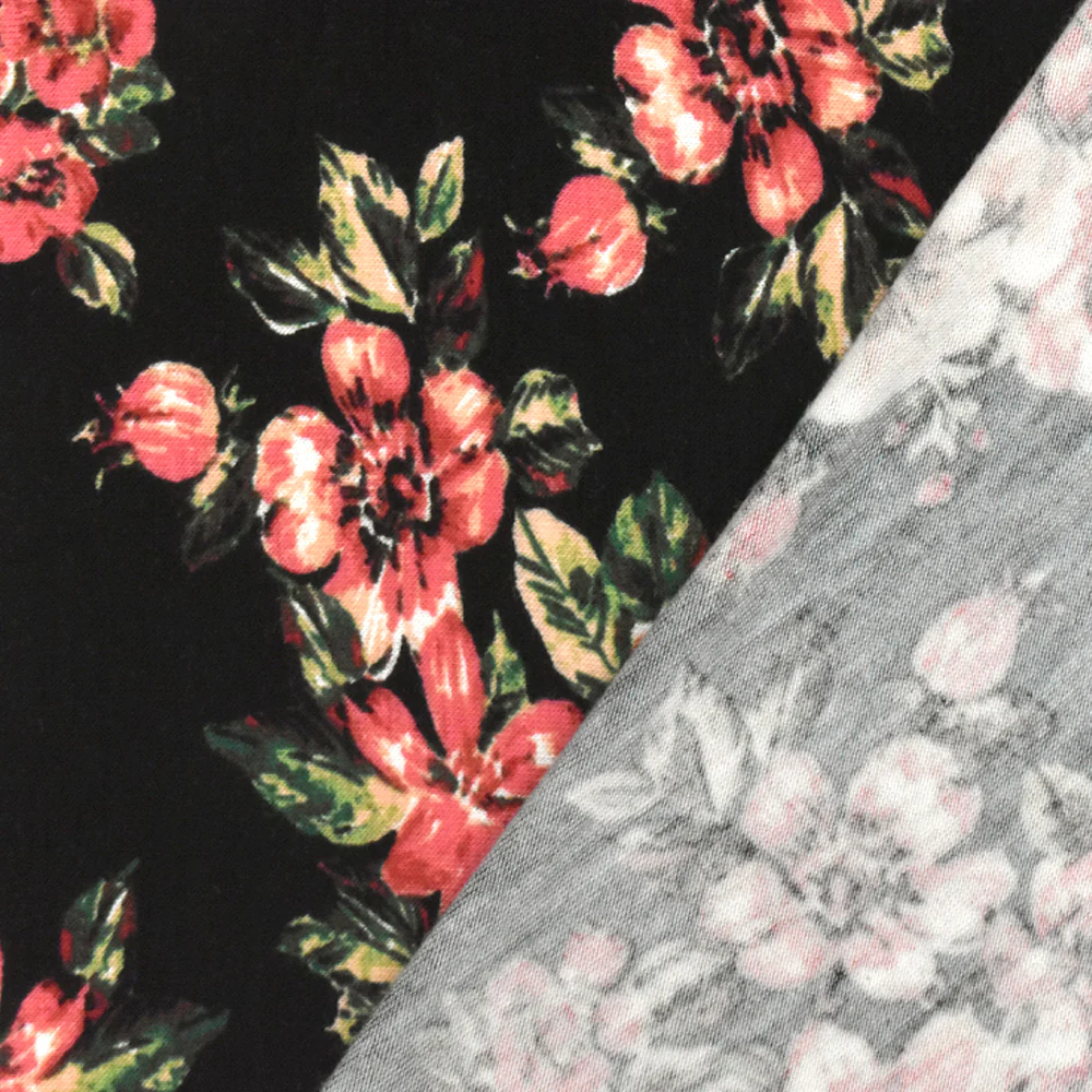 Cream Red-Green-Multi Floral Printed Rayon Stretch Jersey Knit Fabric - Image 4