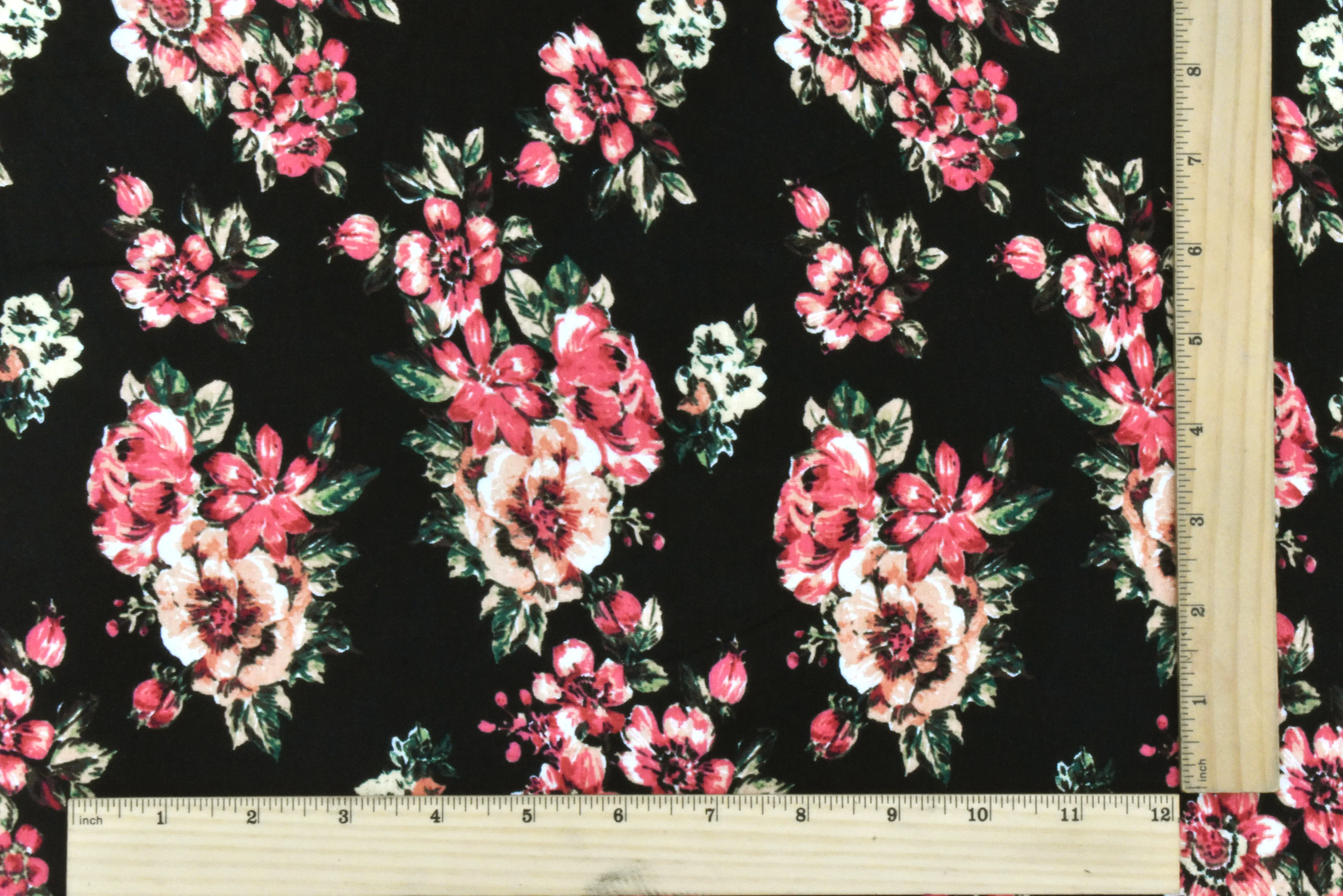Cream Red-Green-Multi Floral Printed Rayon Stretch Jersey Knit Fabric - Image 5