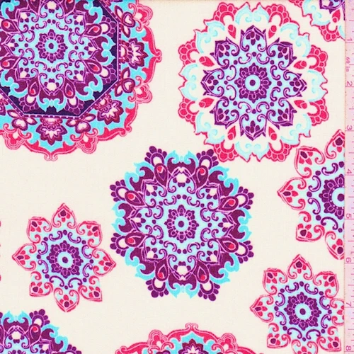 Cream/Turquoise/Red Mandala Crepon Fabric