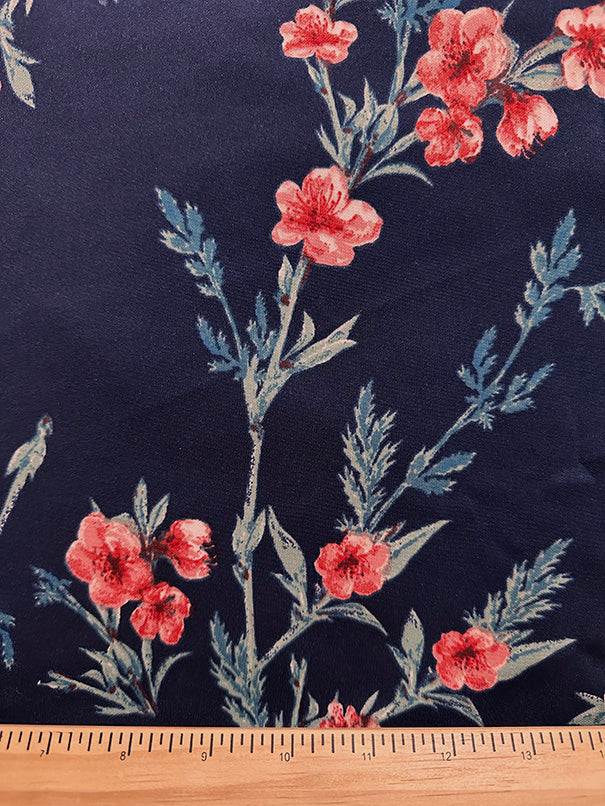 Dark Blue Floral Sprig Print Scuba Knit Fabric - Image 3