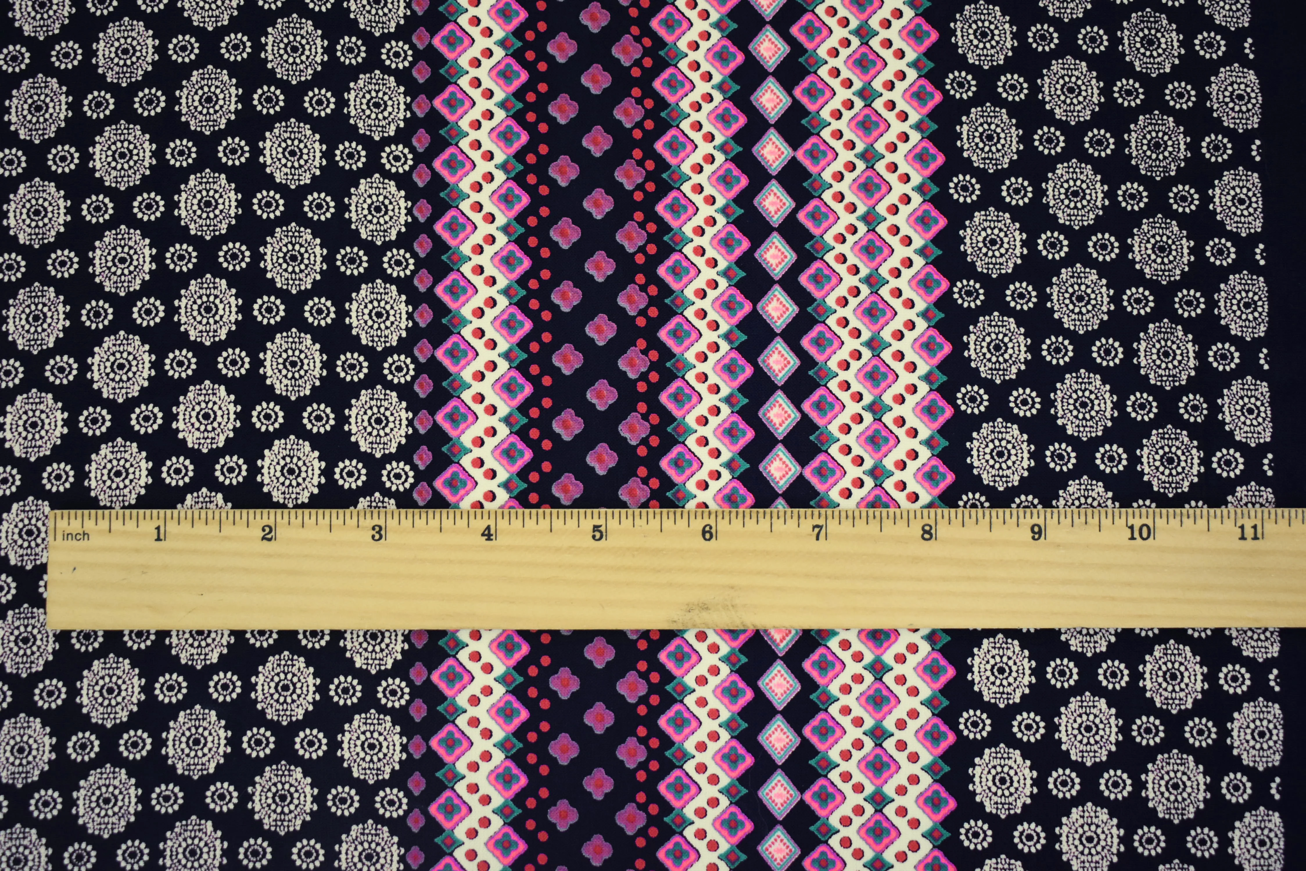 Dark Navy-Pink-Multi Medallion Multi Stripe Printed Challis Woven Fabric - Image 2