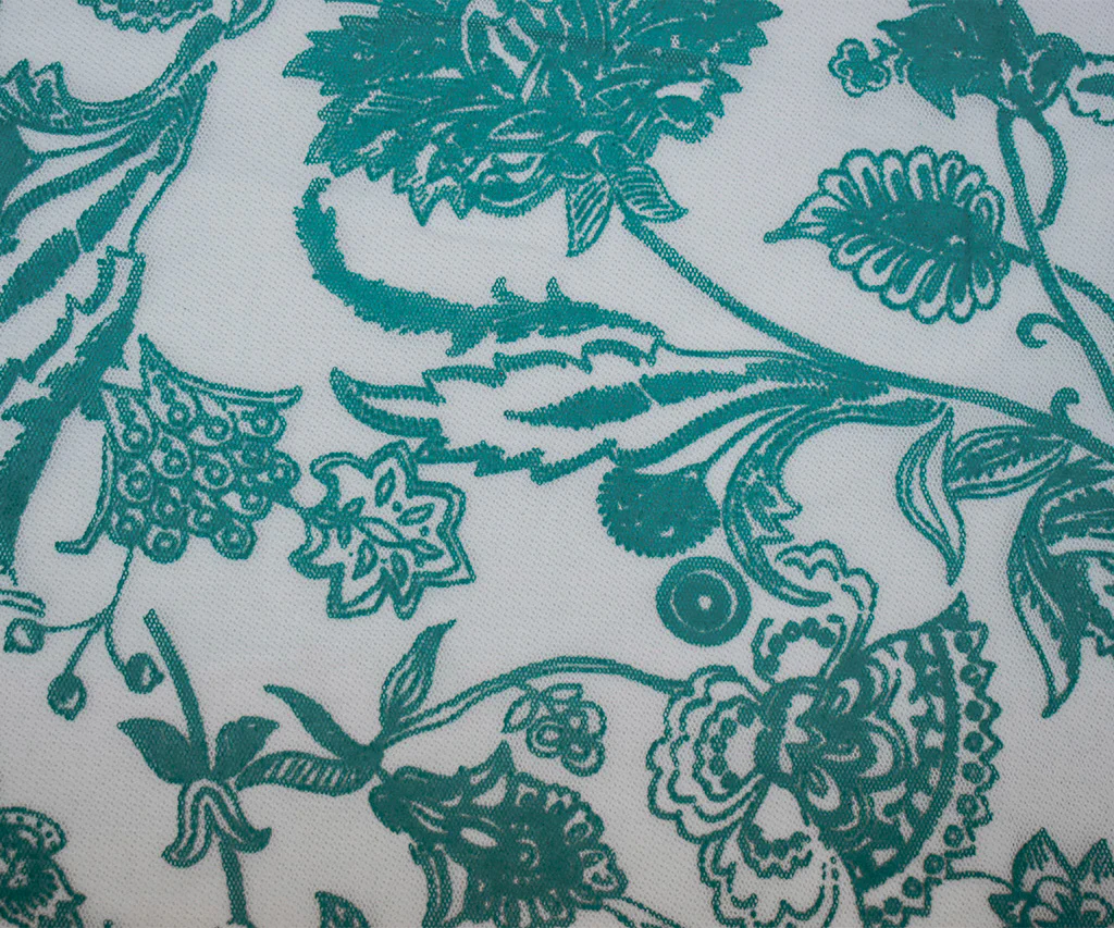 Dark Teal-White Nylon Floral Printed Mesh Tulle Knit Fabric - Image 4
