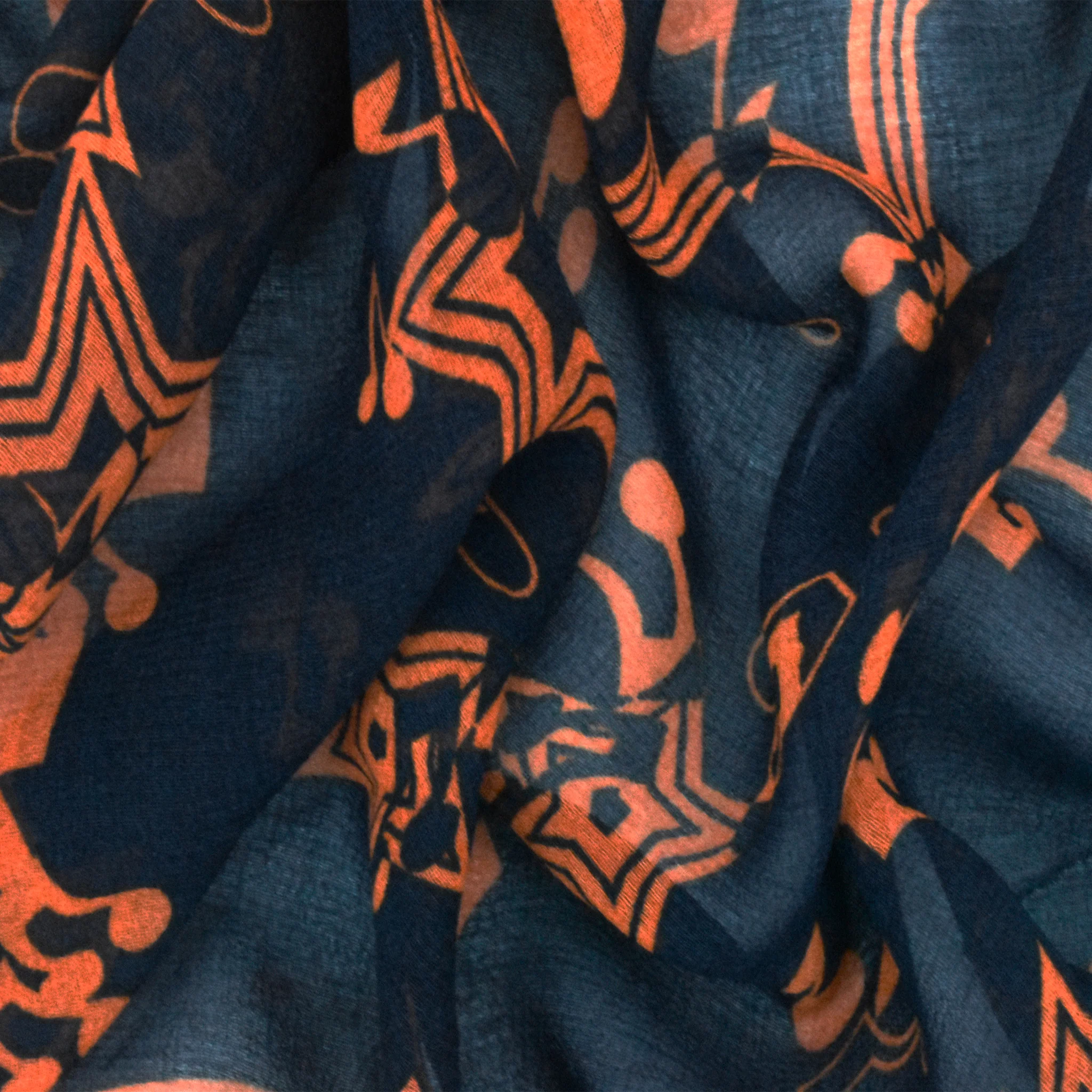 Darkest Blue-Orange Star Music Printed Poly Chiffon Woven Fabric - Image 2