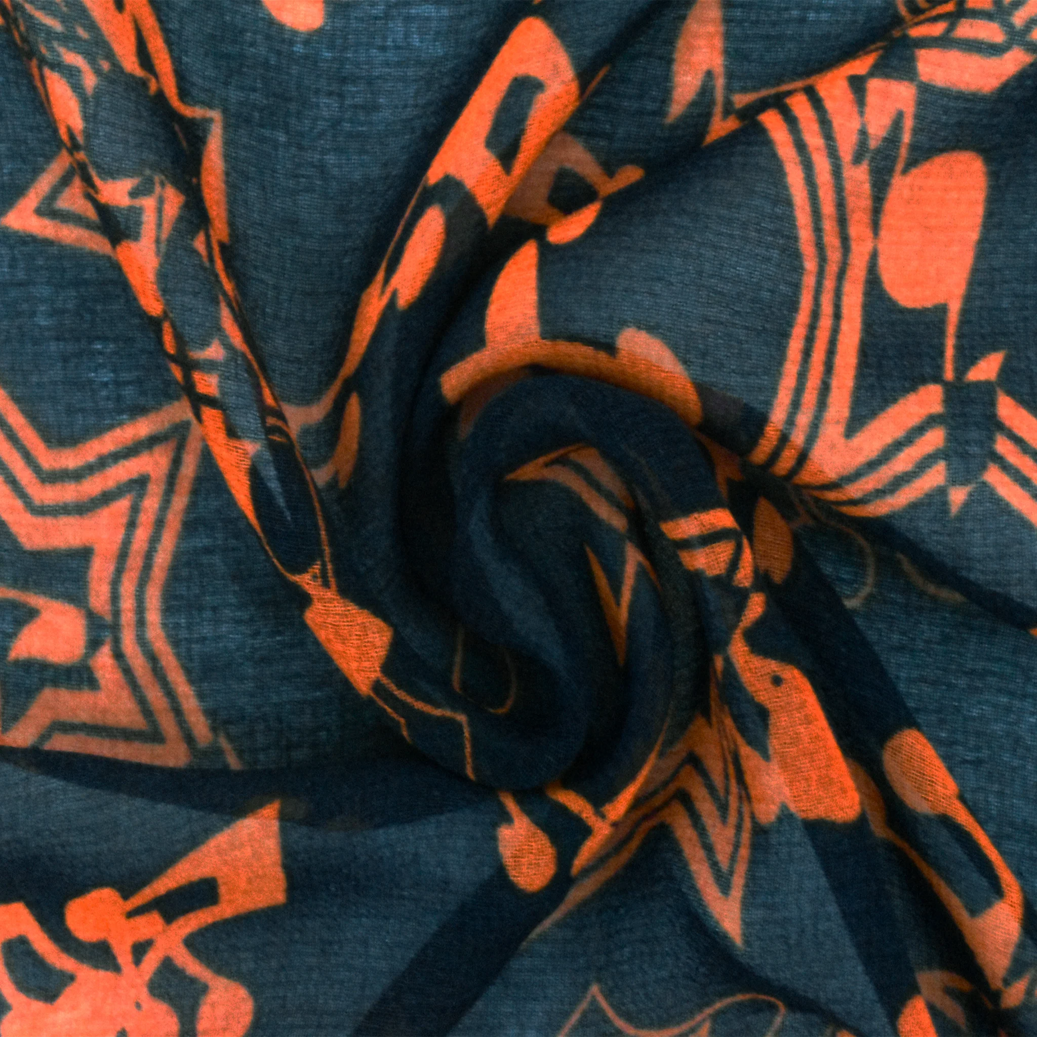 Darkest Blue-Orange Star Music Printed Poly Chiffon Woven Fabric - Image 3