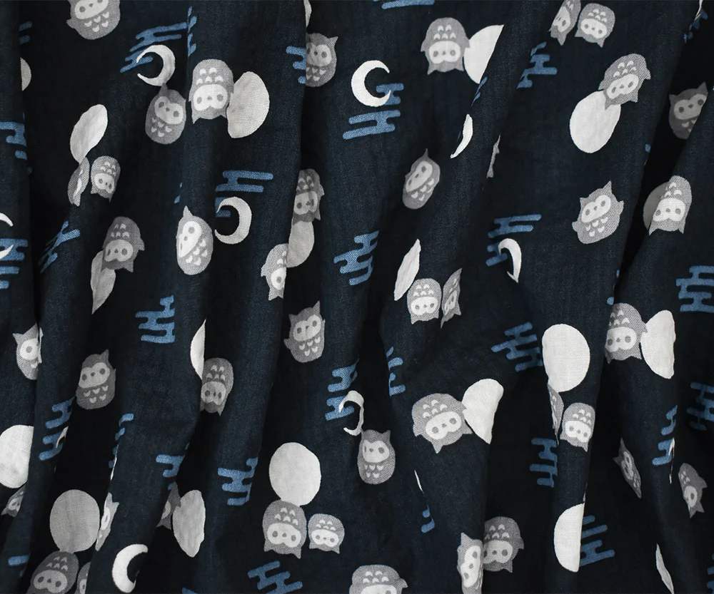 Deep Blue-Gray-Multi Owl Moon Printed Crinkled Cotton Shirting Woven Fabric - Image 2
