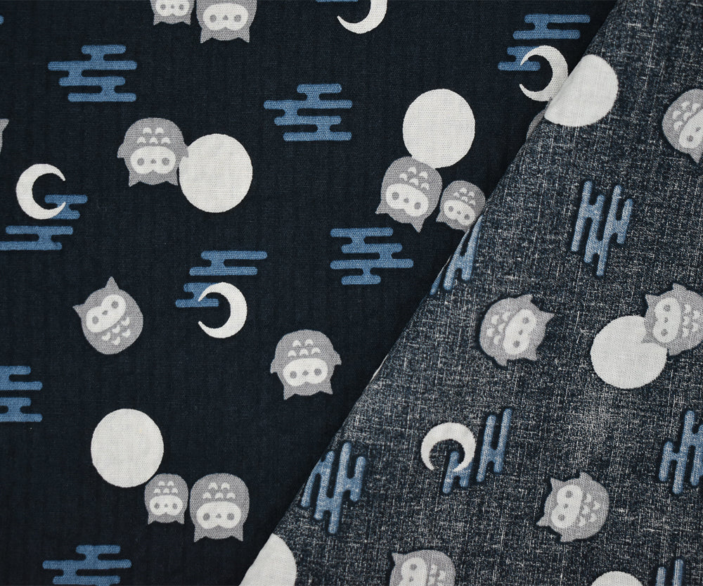 Deep Blue-Gray-Multi Owl Moon Printed Crinkled Cotton Shirting Woven Fabric - Image 3