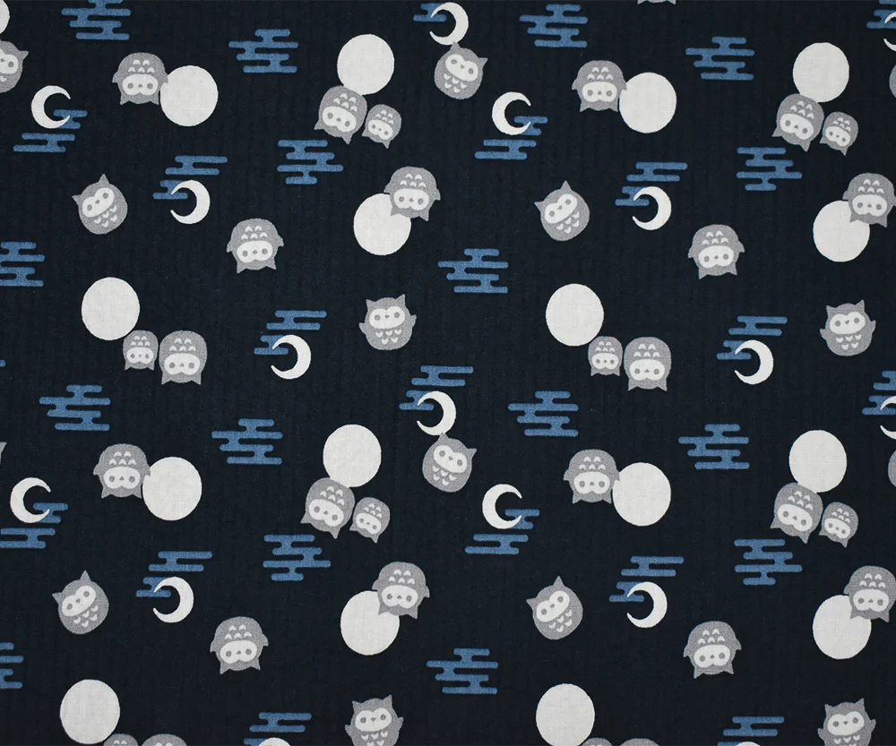 Deep Blue-Gray-Multi Owl Moon Printed Crinkled Cotton Shirting Woven Fabric - Image 4