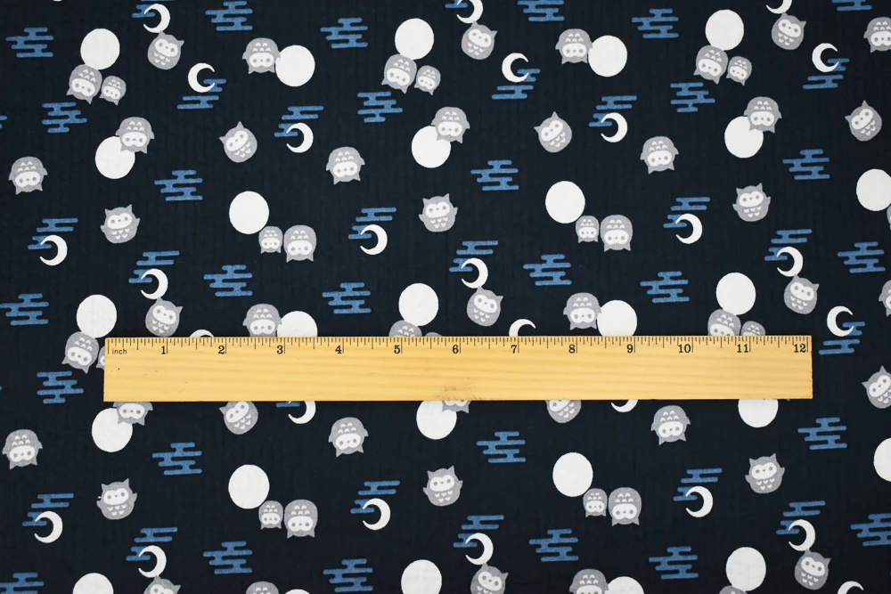 Deep Blue-Gray-Multi Owl Moon Printed Crinkled Cotton Shirting Woven Fabric - Image 5