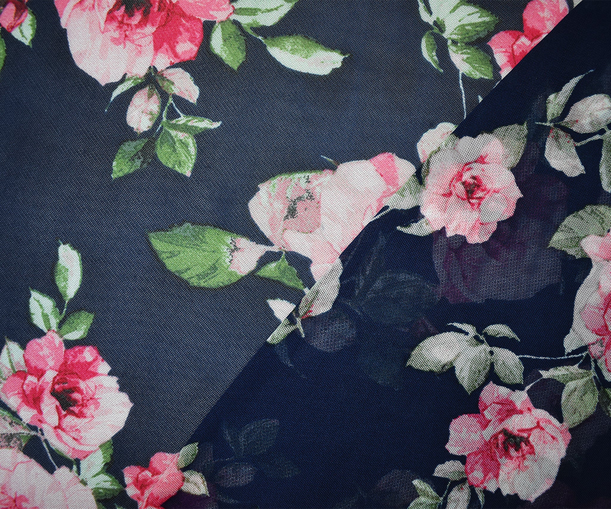 Deep Blue-Multi Poly Stretch Floral Printed Mesh Knit Fabric - Image 2