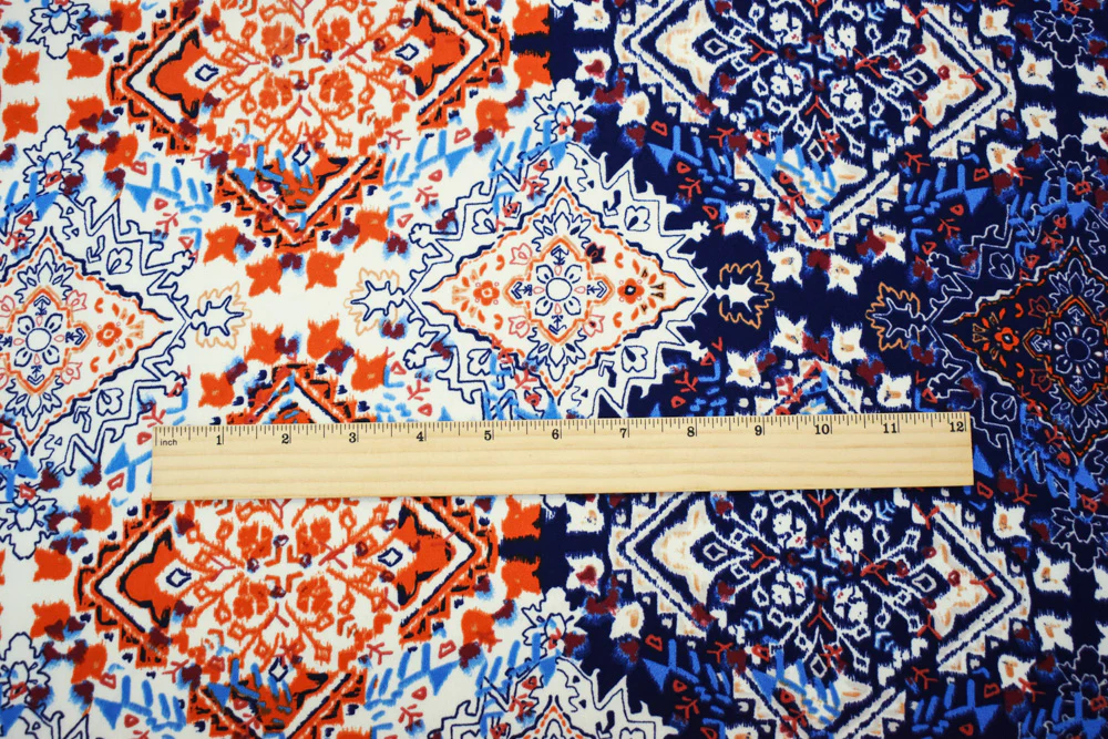 Deep Blue-Orange-Multi Aztec Printed Momie Crepe Georgette Woven Fabric - Image 2