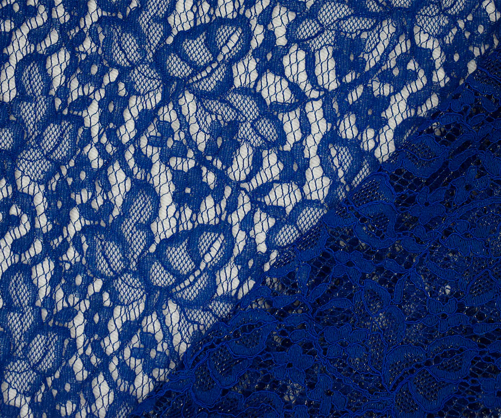 Deep Blue-Silver Cotton Poly Crochet Floral Lace Mesh Knit Fabric - Image 2