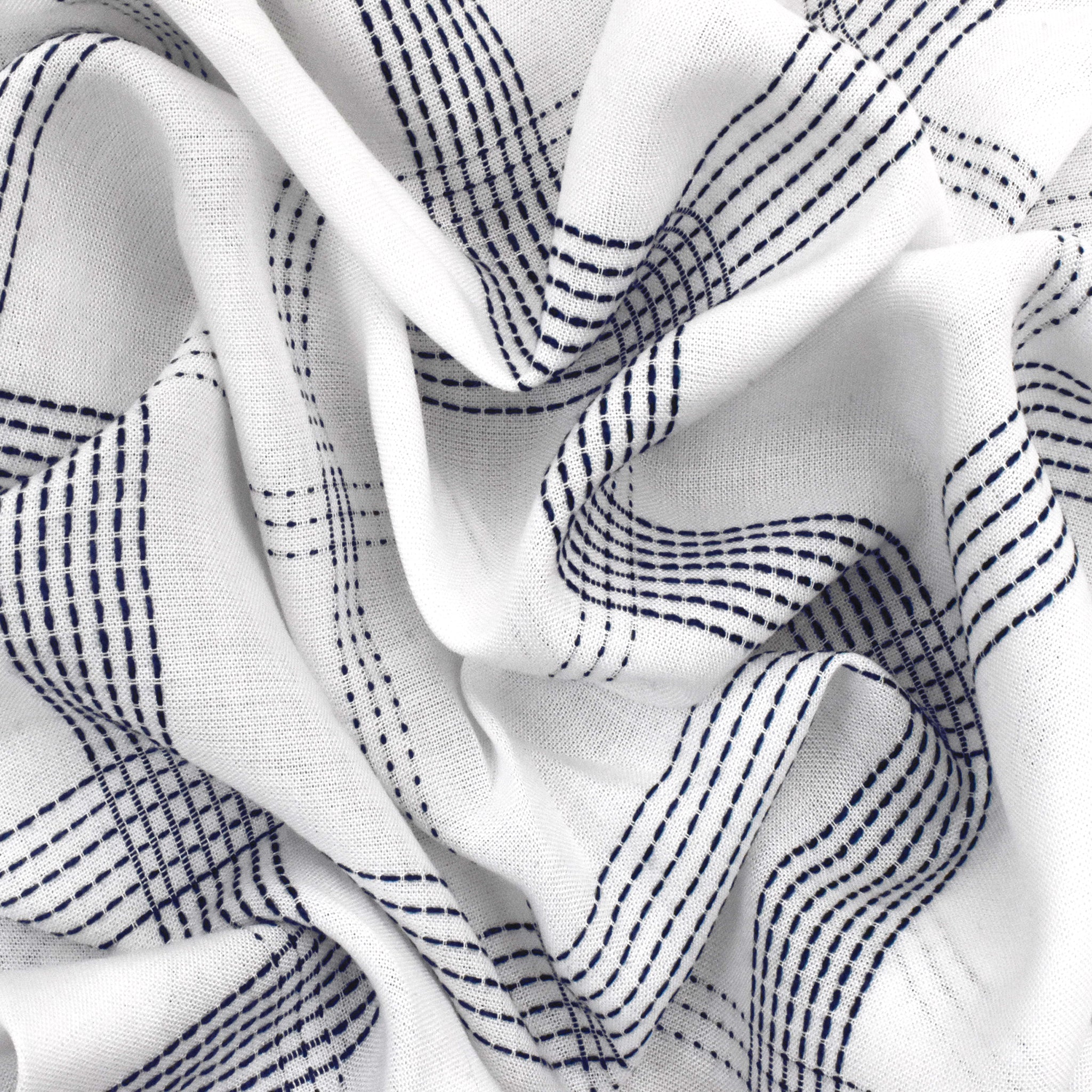 Deep Blue-White Rayon Blend Stitched Plaid Lawn Fabric - Image 2