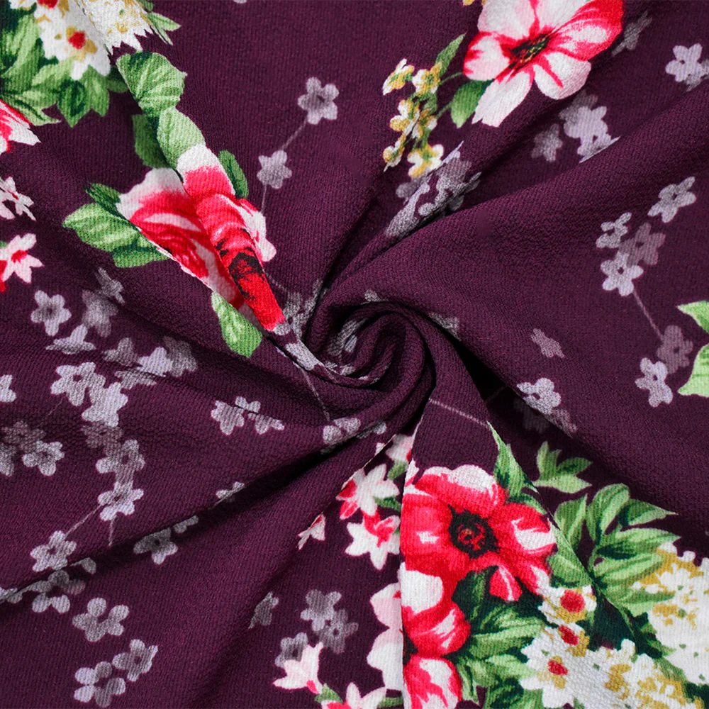 Deep Burgundy-Multi Poly Floral Printed Pebble Crepe Woven Fabric