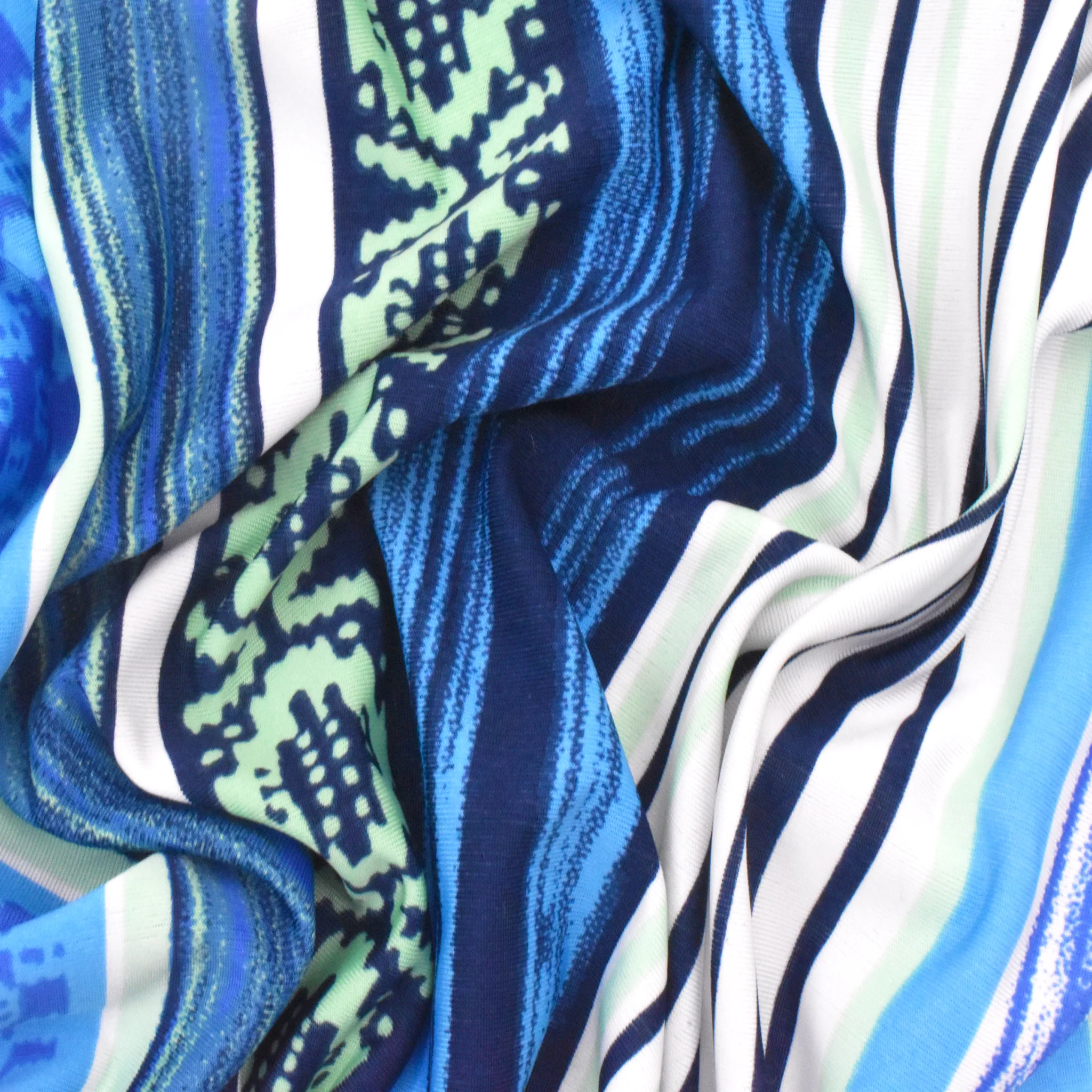 Deep Ink Blue-Multi Stripe Aztec Printed Stretch Activewear Knit Fabric - Image 2