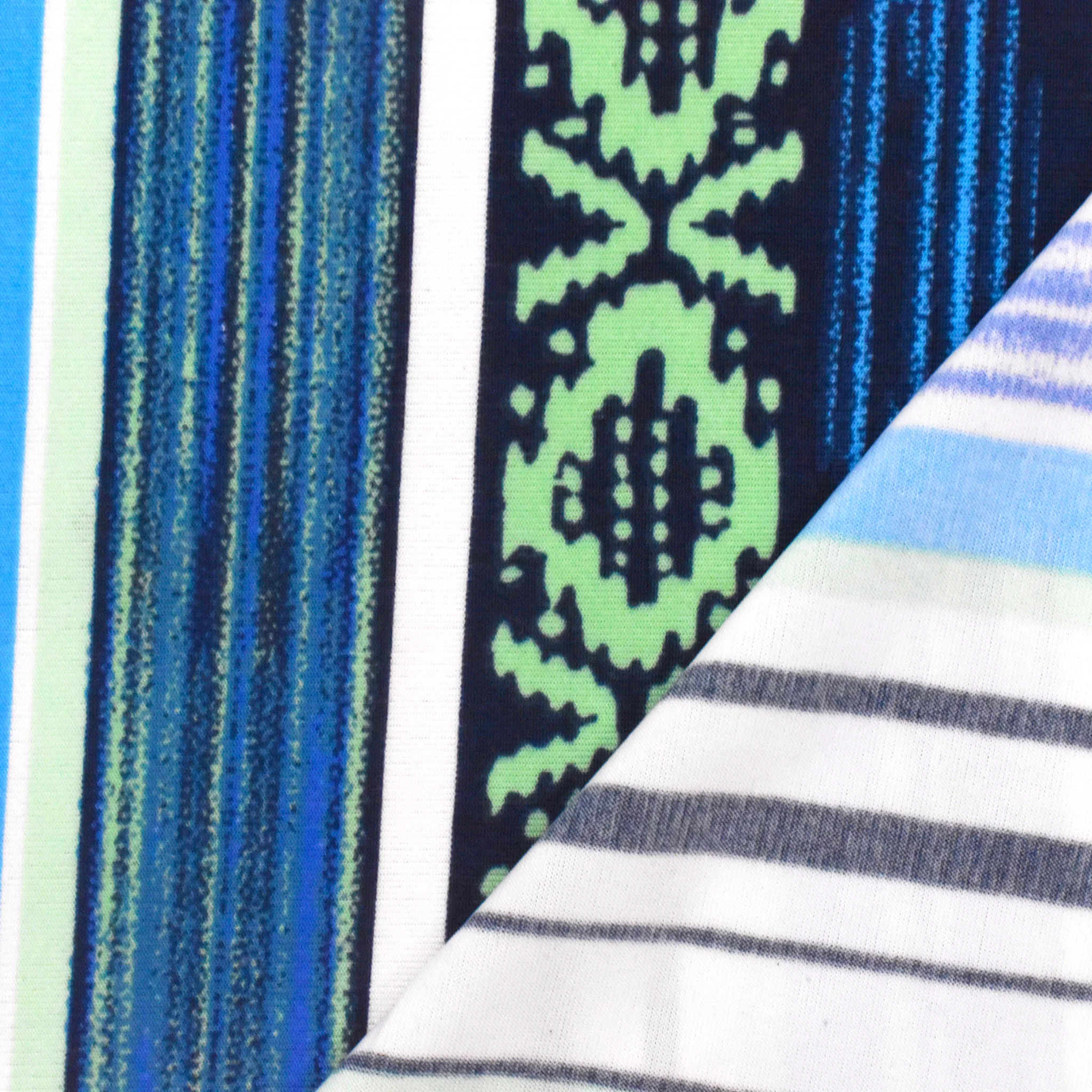 Deep Ink Blue-Multi Stripe Aztec Printed Stretch Activewear Knit Fabric - Image 3