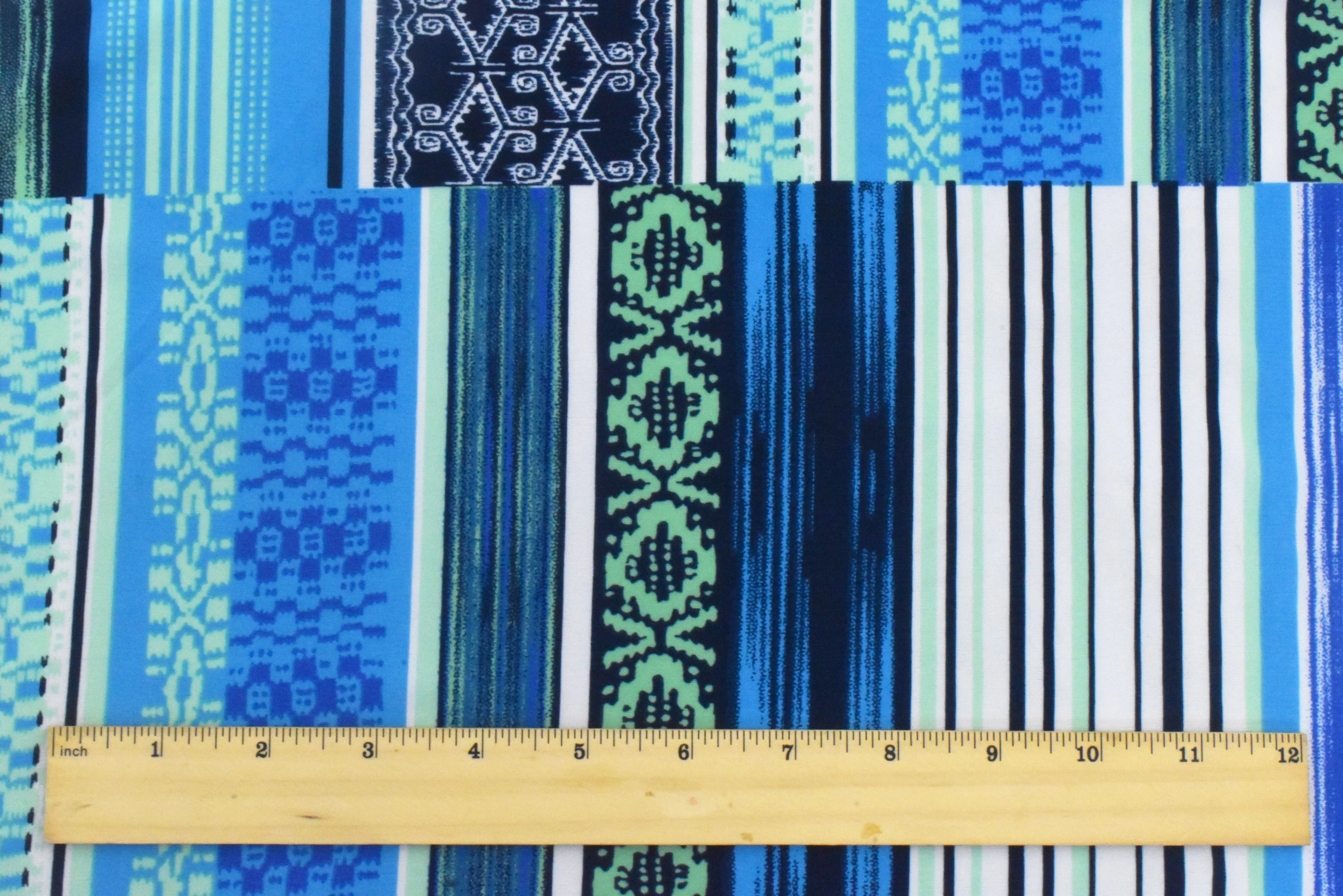 Deep Ink Blue-Multi Stripe Aztec Printed Stretch Activewear Knit Fabric - Image 4