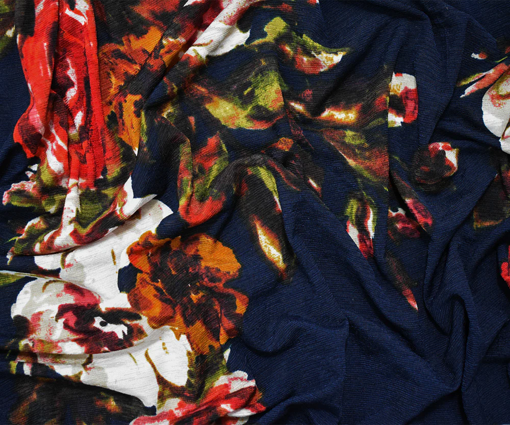Deep Navy Blue-Multi Poly Floral Printed Onion Skin Jersey Knit Fabric - Image 4