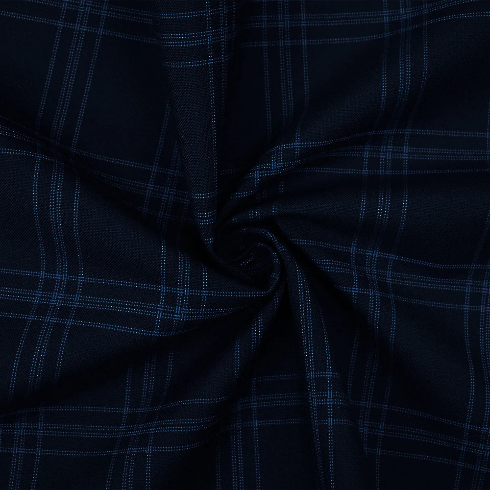 Deep Navy-Blue Poly-Wool Plaid Woven Shirting Fabric - Image 3
