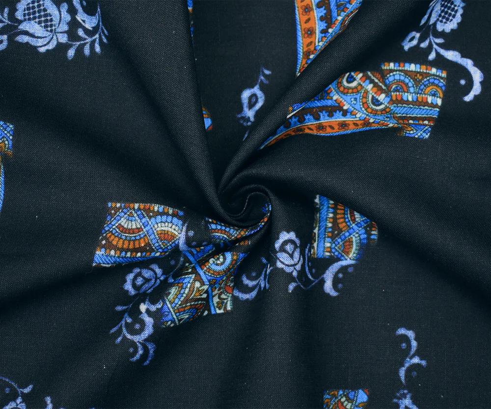 Deep Navy-Orange-Multi Abstract Moroccan Tile Printed Linen Woven Fabric - Image 3